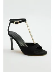 Black Faux Leather Women's Heeled Sandals - 1