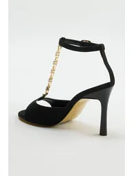 Black Faux Leather Women's Heeled Sandals - 3