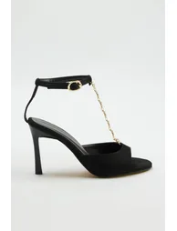 Black Faux Leather Women's Heeled Sandals - 2