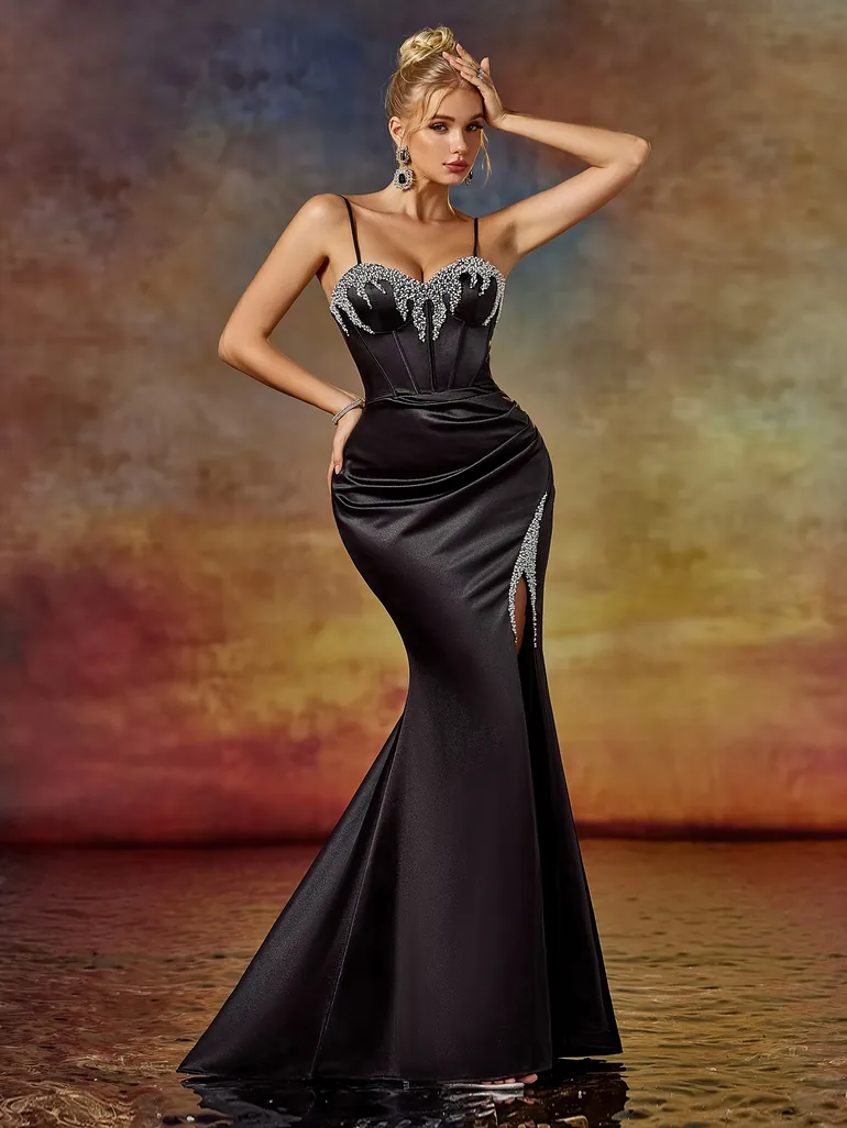 Leely Elegant Beaded Split Mermaid Evening Gown