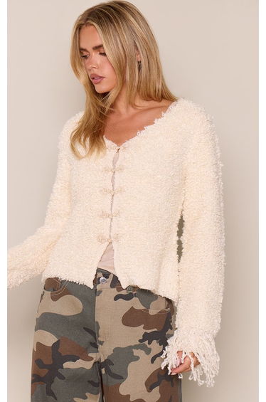 Petite Cream Boucle Fringe Collar Toggle Front Long Sleeve Knitted Cardigan
