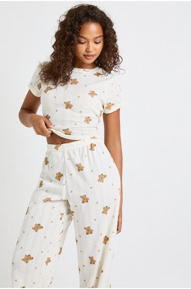 Pointelle Bear Print Baby Tee and Wide Leg Trouser Pyjama Set - cream