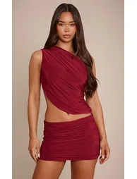 Dark Wine Slinky Ruched Mini Skirt - 3