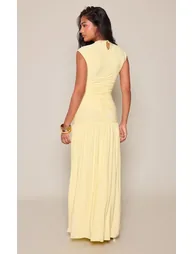 Lemon Double Layer Slinky Cap Sleeve Drop Waist Maxi Dress - 1