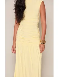 Lemon Double Layer Slinky Cap Sleeve Drop Waist Maxi Dress - 3