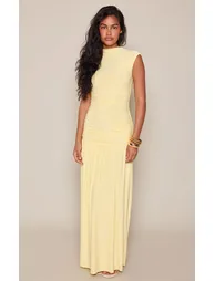 Lemon Double Layer Slinky Cap Sleeve Drop Waist Maxi Dress