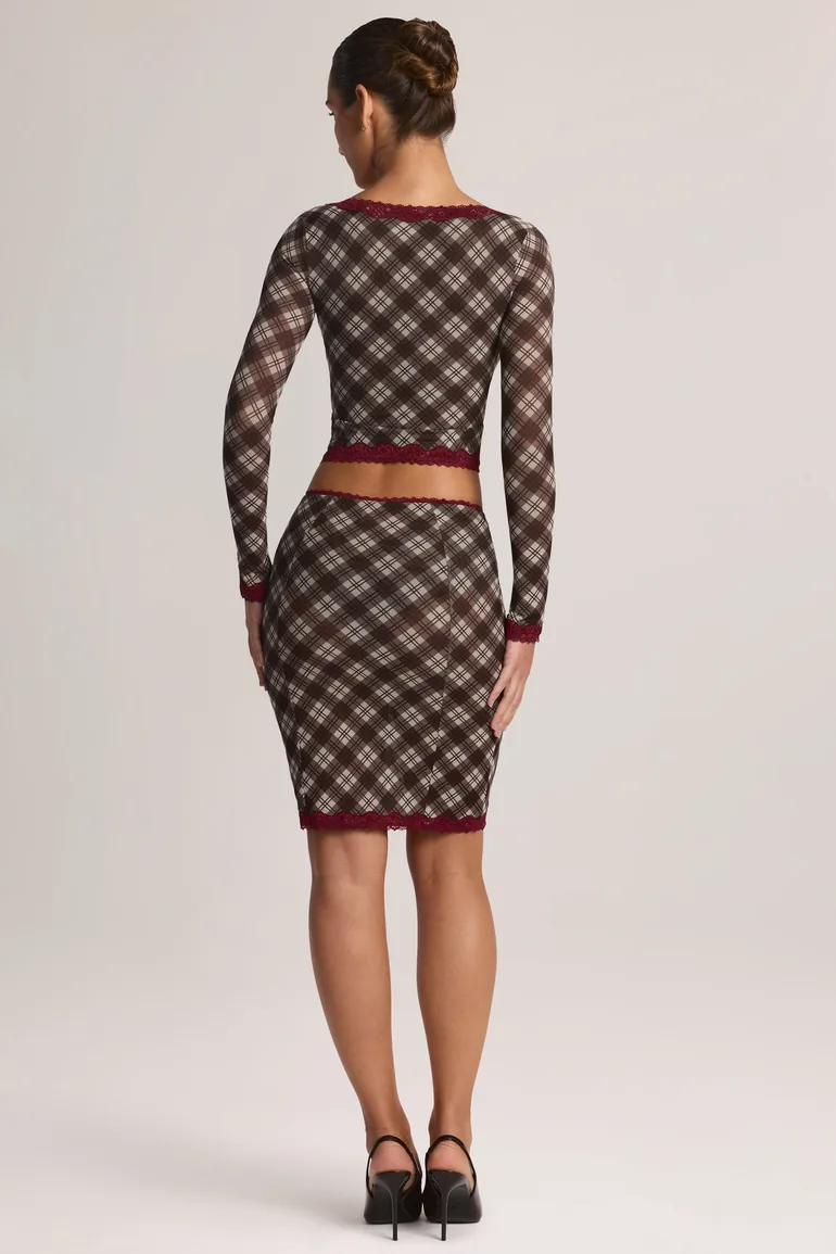 Lace-Trim Low-Rise Midi Skirt in Diagonal Check Print - 2