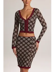 Lace-Trim Low-Rise Midi Skirt in Diagonal Check Print - 4