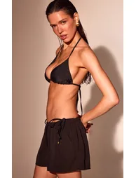 Black Linen Look Drawstring Floaty Beach Shorts - 3