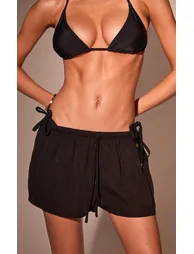 Black Linen Look Drawstring Floaty Beach Shorts - 1