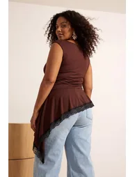 Brown Asymmetrical Ruffle Lace Hem Sandy Knitted Plus Size Blouse - 2