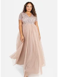 Maya Taupe Blush V Neckline Embellished Maxi Dress - 2