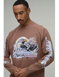 Oversized Eagle Print Washed Long Sleeve T-Shirt - brown - 3