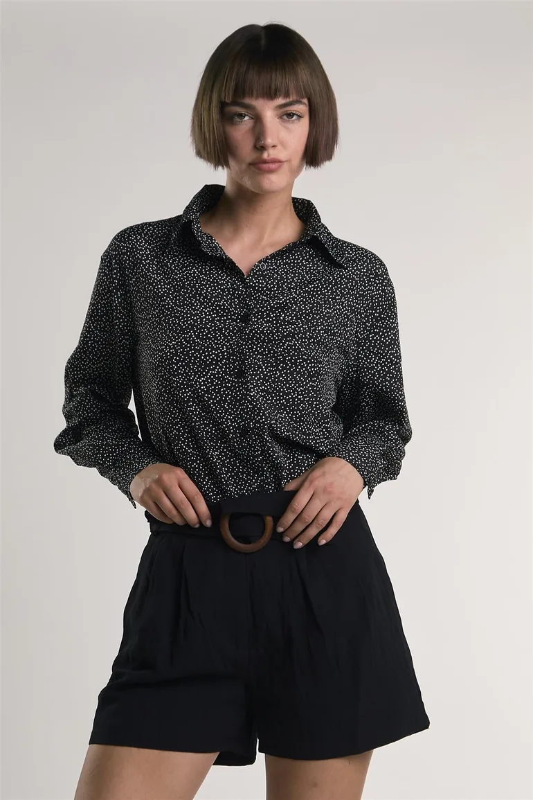Miniature-Heart-Print Button-Front Long Sleeve-Top - 2
