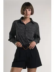 Miniature-Heart-Print Button-Front Long Sleeve-Top - 2