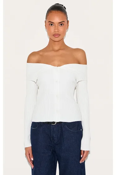 Cream Rib Knit Fold Over Button Up Top