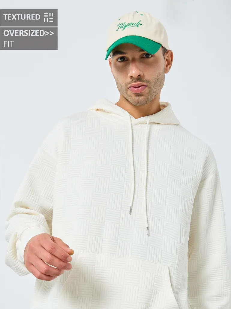 Cream Geo Textured Oversized Hoodie - 1