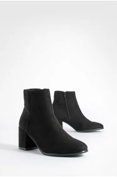 Block Heel Ankle Faux Suede Shoe Boots - black