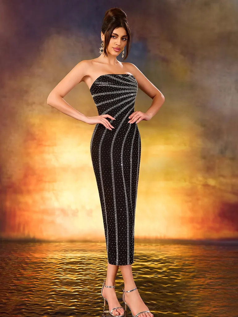 Modecrush Black Sequin and Bead Strapless Dress - 4