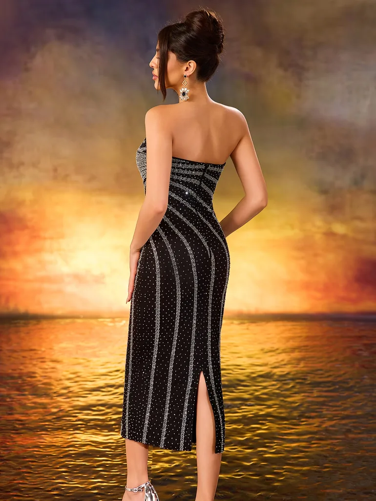 Modecrush Black Sequin and Bead Strapless Dress - 1