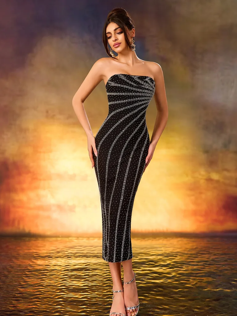Modecrush Black Sequin and Bead Strapless Dress - 3