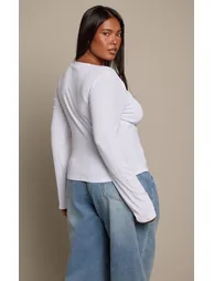 Plus White Soft Rib Square Neck Long Sleeve Top - 2