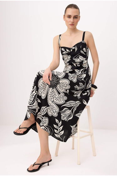Black Floral Skirt Opening at Waist Gipel Midi Woven Dress product thumbnail 3