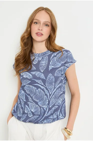 Palm Jersey Bubble Hem Crew Neck top