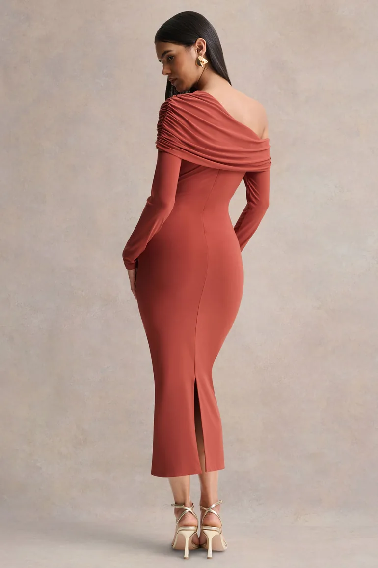 Elliora | Rust Asymmetric-Neck Midi Dress - 1