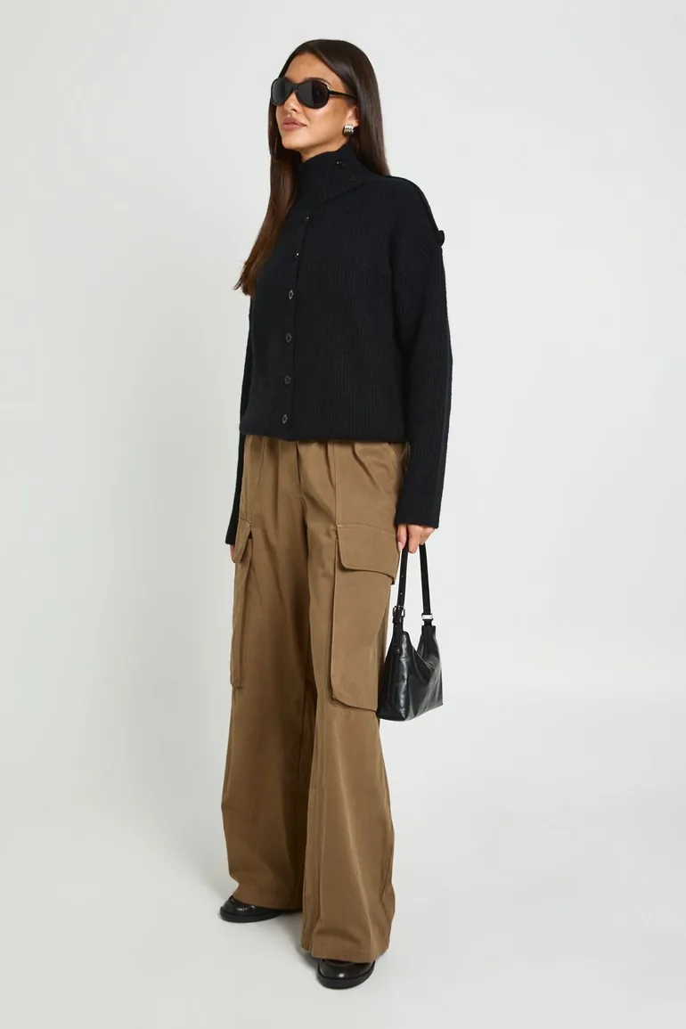 High Neck Button Detail Cardigan - black