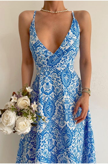 Blue Patterned Decollete Midi Length Dress product thumbnail 4