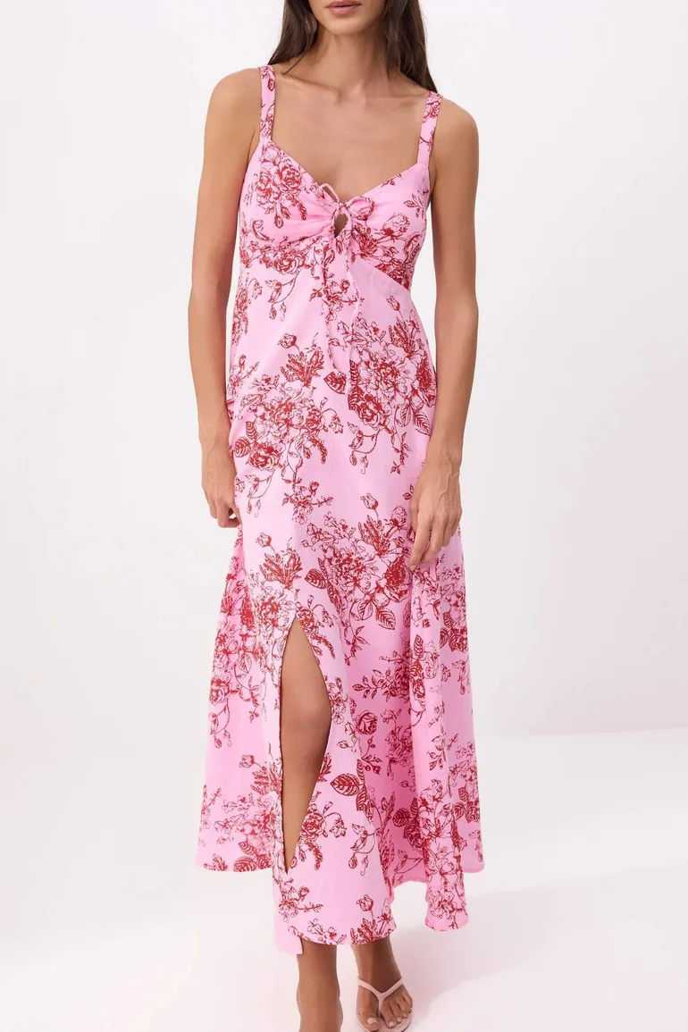 Pink Floral Linen Look Woven Dress - 2