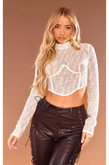 Cream Textured Lace Bust Detail Corset Top