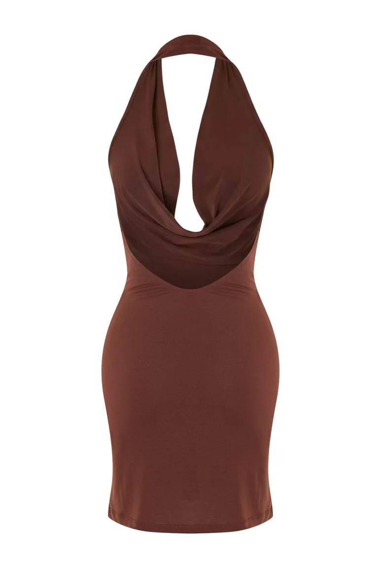 Brown Knitted Degaje Collar Mini Beach Dress - 1