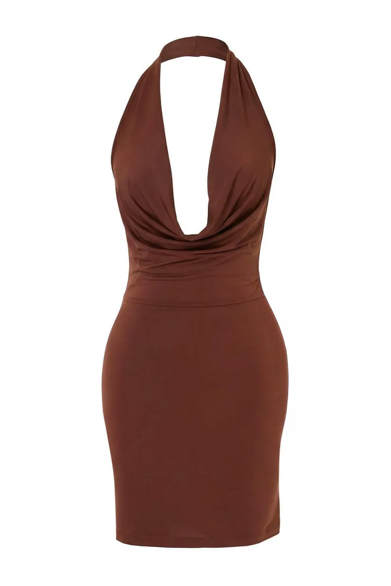 Brown Knitted Degaje Collar Mini Beach Dress - 4