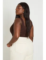 Plus Double Layer Slinky Square Neck Bodysuit - chocolate - 3