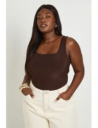 Plus Double Layer Slinky Square Neck Bodysuit - chocolate - 1