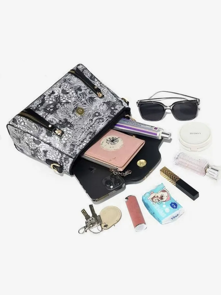 Printed Dual Handle Handbag with Adjustable Strap and Purse Set - 3