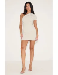 Sand Woven Ruched One Shoulder Mini Dress
