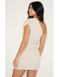 Sand Woven Ruched One Shoulder Mini Dress - 2