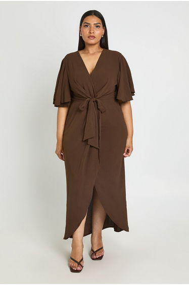 Plus Textured Tie Detail Maxi Dress - chocolate