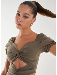 Puff Sleeve Bengaline Cropped Top