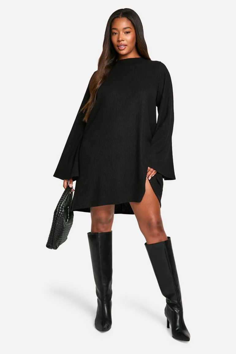 Plus Soft Rib Tie back Smock Dress - black