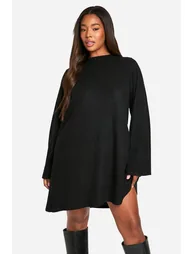 Plus Soft Rib Tie back Smock Dress - black - 2