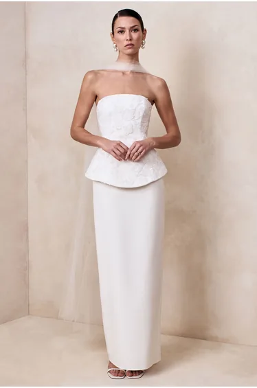 Lucy | White Satin Bandeau Corset Maxi Dress