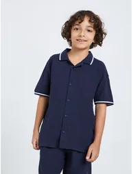 Kids Navy Blue Knit Shirt and Shorts Set - 1