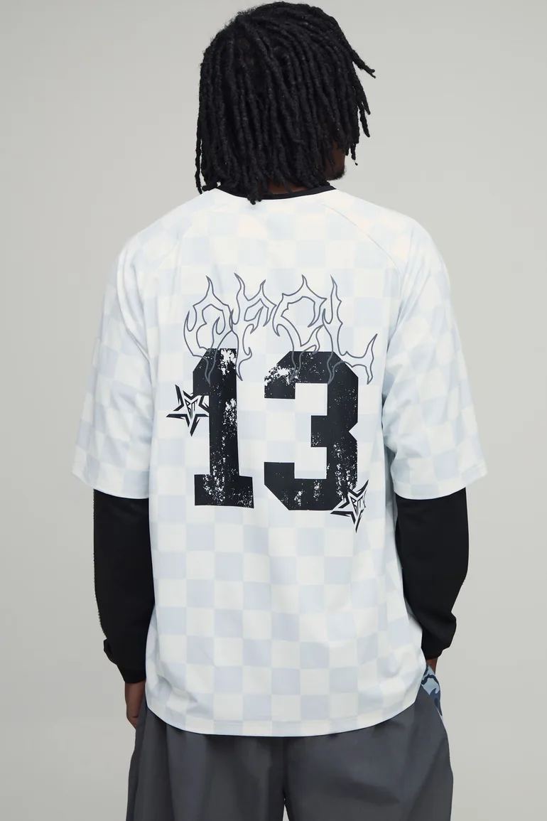 Tall Oversized Grunge Varsity Rhinestone Checkboard Mesh Faux T-Shirt - white - 2