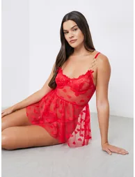 Heart Pattern Mesh Babydoll with Metal Ring Trim - 1