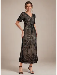 Sequin Fitted Sleeve Mermaid Wedding Guest Dress - 1