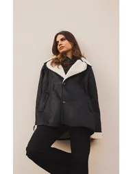 Amara Black Suede Contrast Lining Borg Jacket - 1